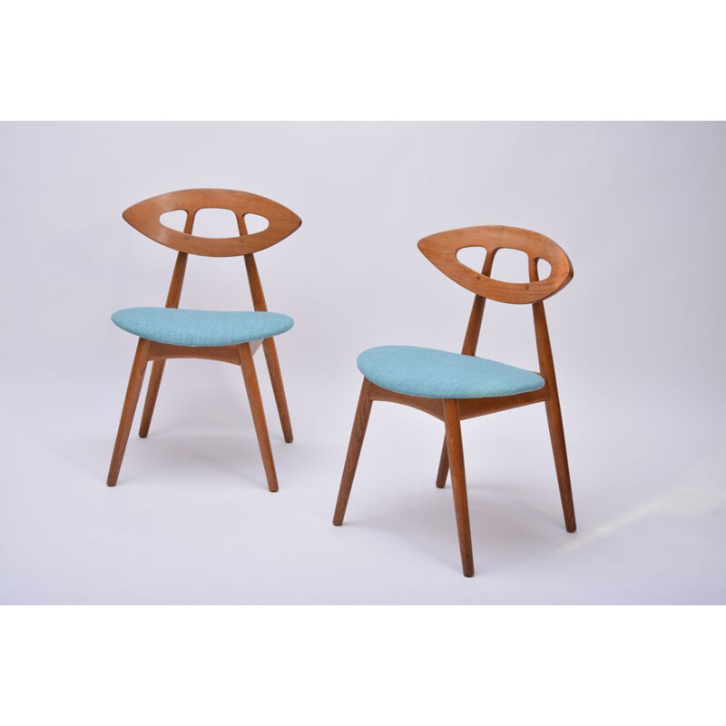 Set of 6 vintage Eye chairs for Ivan Gern in oakwood and blue fabric