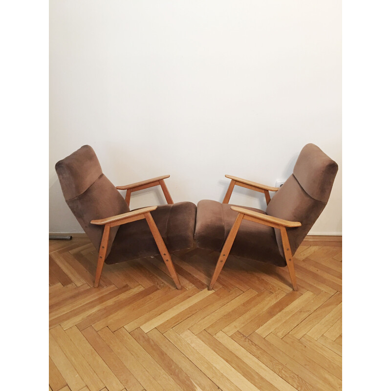 Ensemble de 2 fauteuils vintage en velours marron et bois 1960