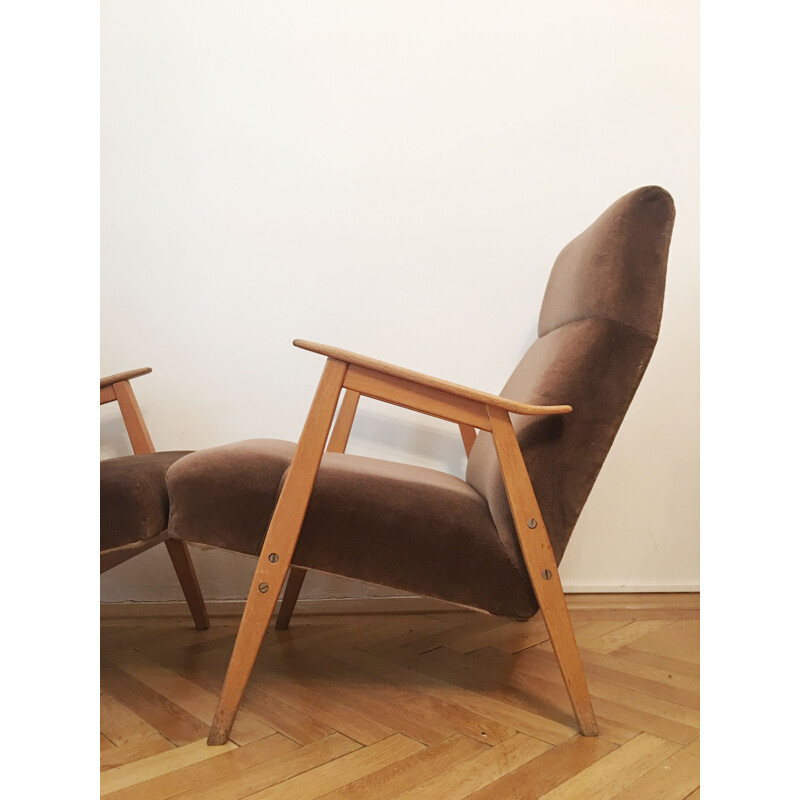 Set of 2 vintage armchairs in brown velvet and wood 1960