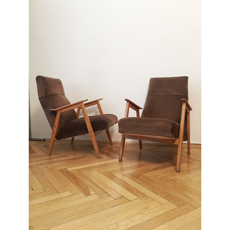 Ensemble de 2 fauteuils vintage en velours marron et bois 1960