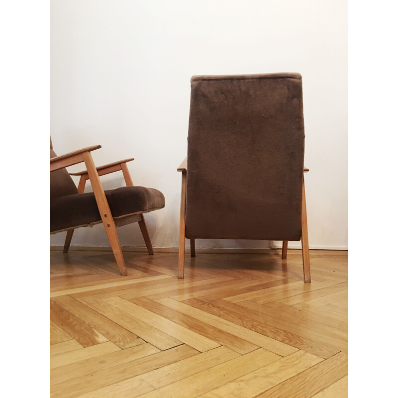 Set of 2 vintage armchairs in brown velvet and wood 1960