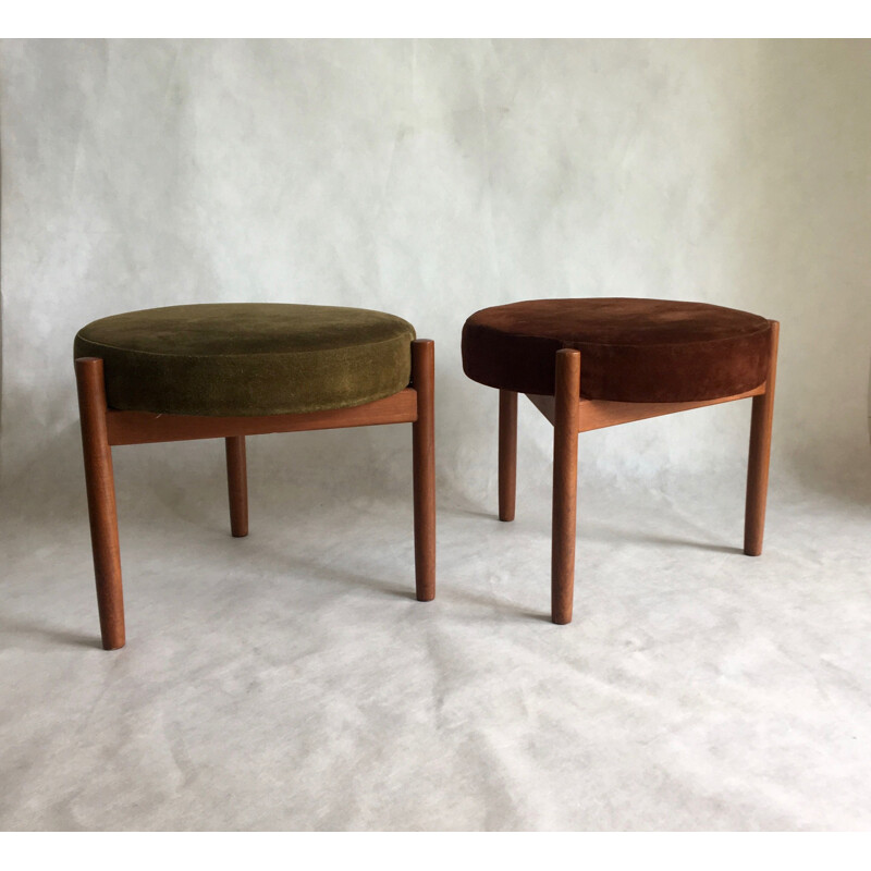 Pair of vintage stools for Spottrup in teak and green and brown suede