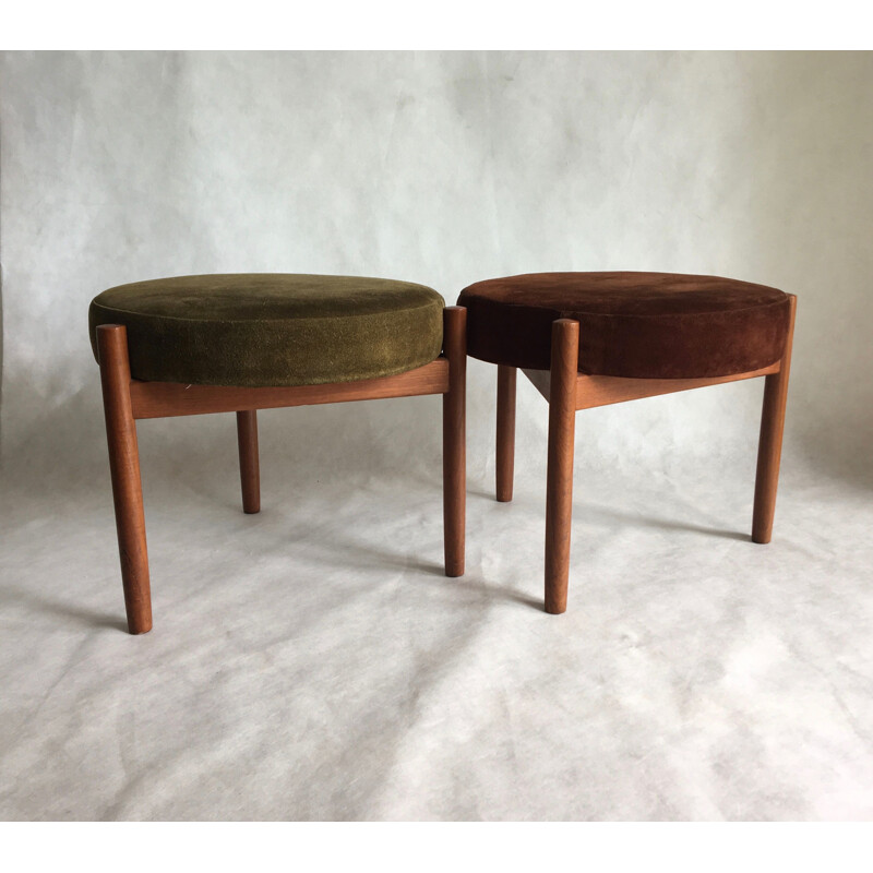 Pair of vintage stools for Spottrup in teak and green and brown suede