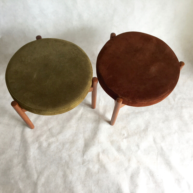 Pair of vintage stools for Spottrup in teak and green and brown suede