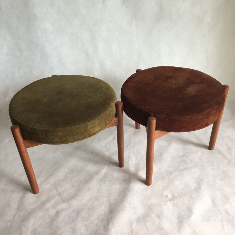 Pair of vintage stools for Spottrup in teak and green and brown suede