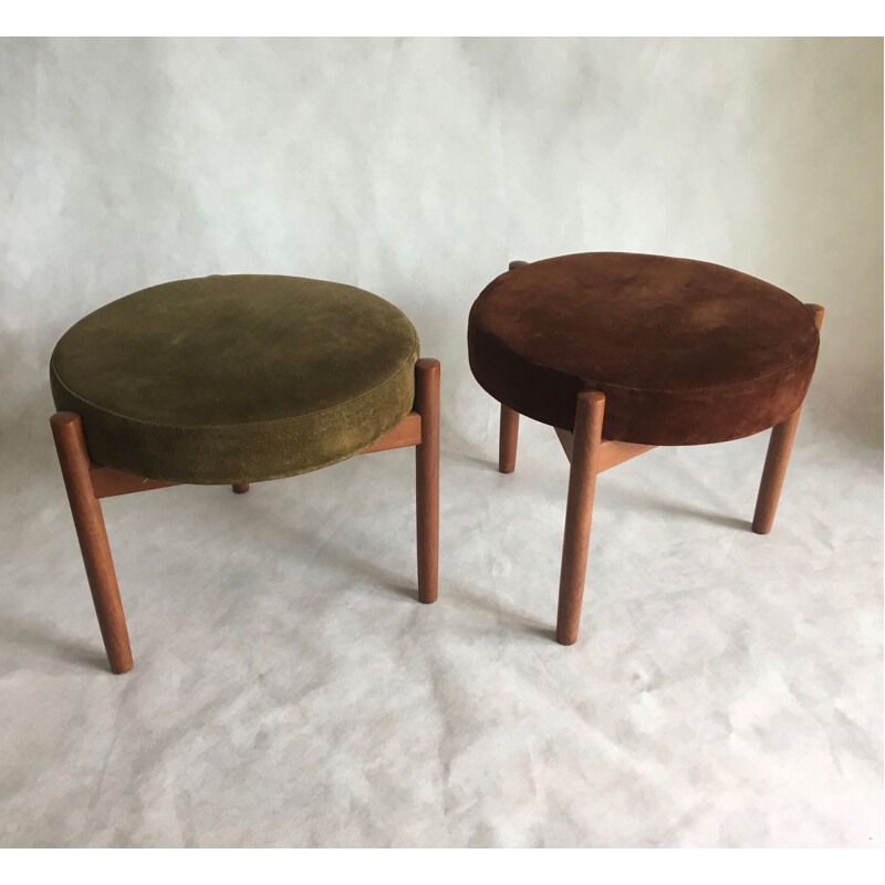 Pair of vintage stools for Spottrup in teak and green and brown suede