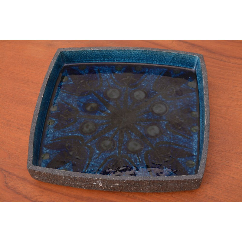 Vintage danish blue ceramic bowl with floral pattern 1970