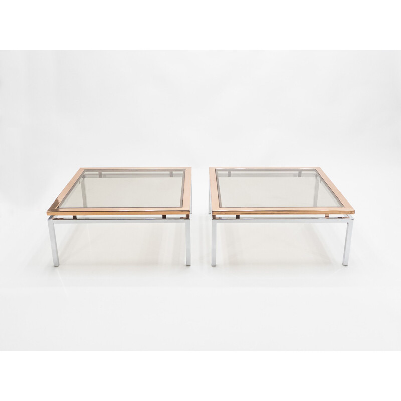 Pair of vintage coffee tables for Maison Jansen in chrome and copper 1970
