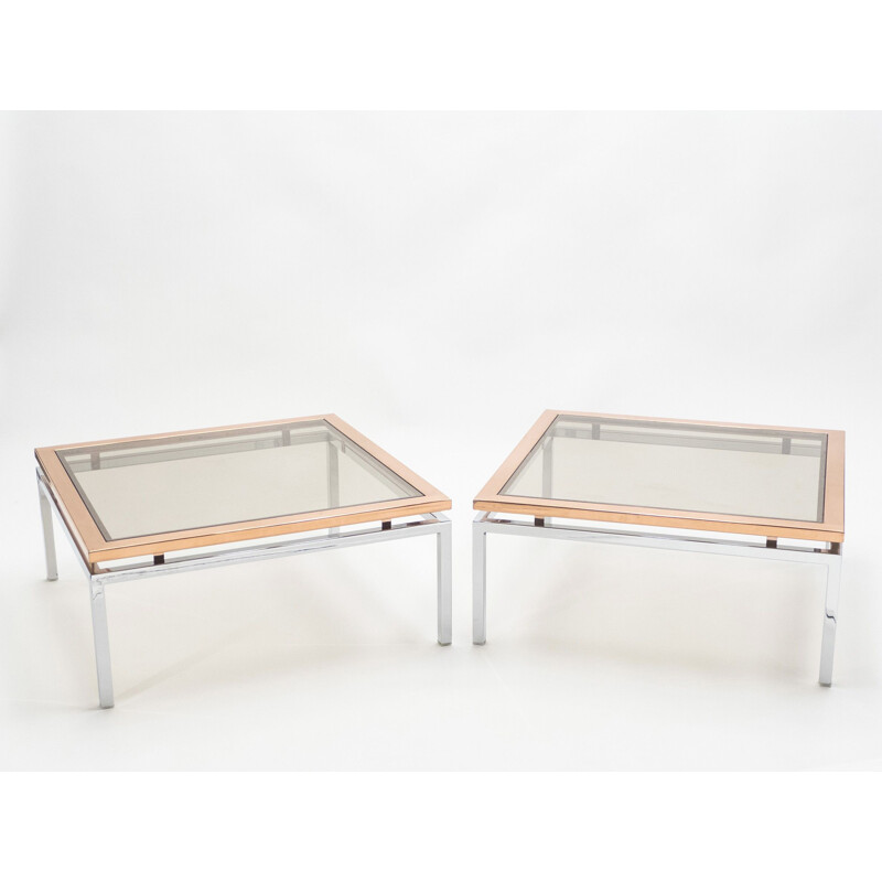 Pair of vintage coffee tables for Maison Jansen in chrome and copper 1970