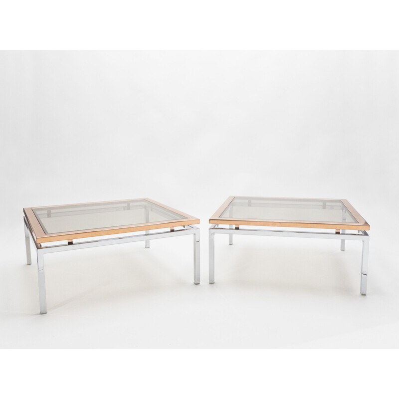 Pair of vintage coffee tables for Maison Jansen in chrome and copper 1970