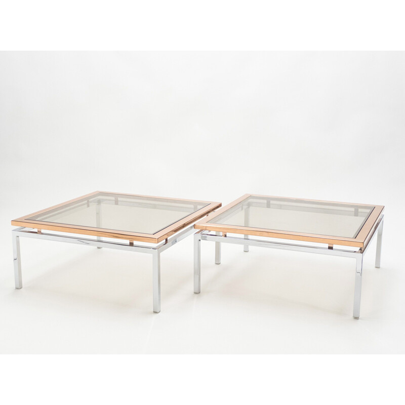 Paire de tables basses vintage pour Maison Jansen en chrome et cuivre 1970