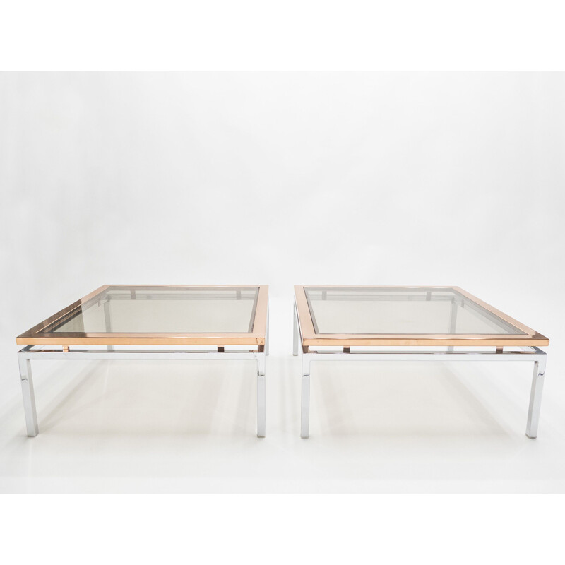 Paire de tables basses vintage pour Maison Jansen en chrome et cuivre 1970