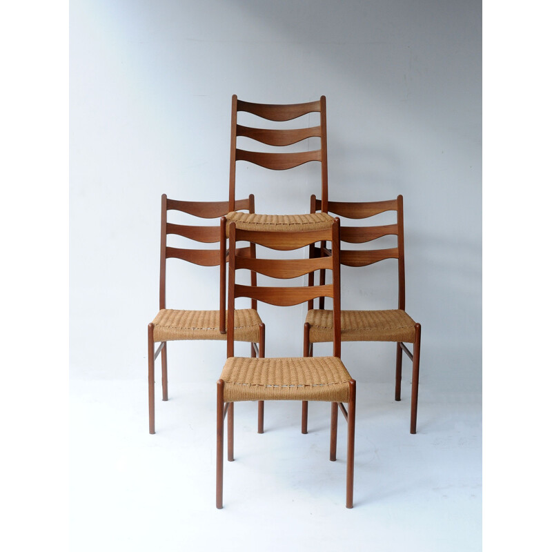 Set of 4 vintage scandinavian chairs for Glyngore Stole in teak and rope