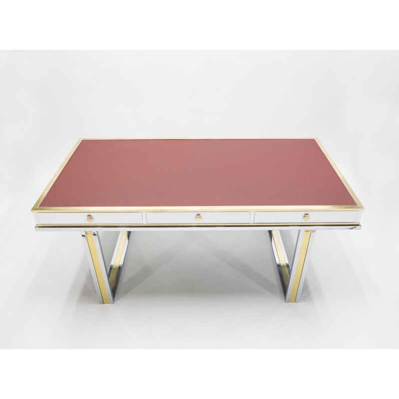 Vintage desk for l'Atelier La Boétie in red leather and brass 1970
