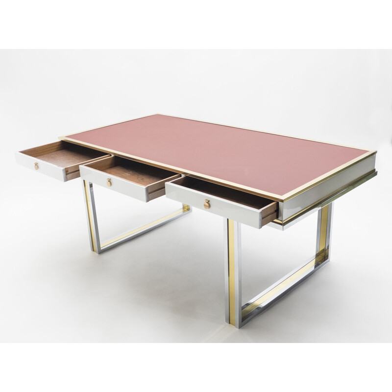 Vintage desk for l'Atelier La Boétie in red leather and brass 1970