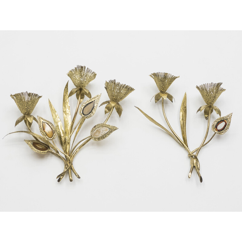 Pair of vintage brass and stone sconces by Jacques Duval-Brasseur, France 1970