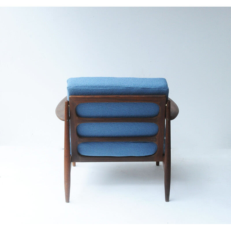 Vintage scandinavian armchair by Grete Jalk in teak and blue fabric 1960