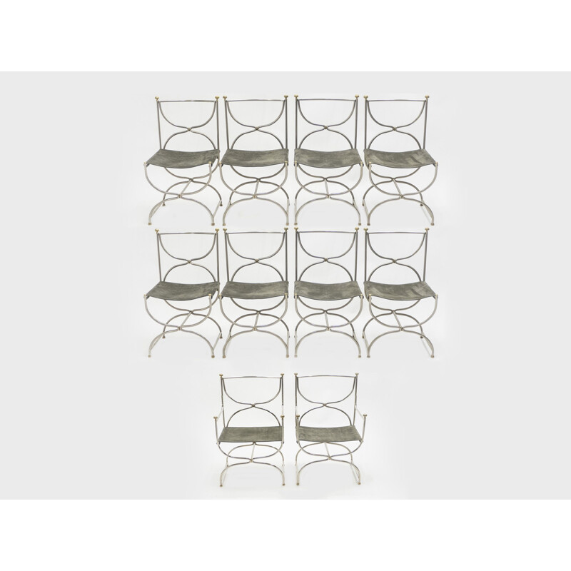 Set of 10 chairs in steel and leather for La Maison Jansen