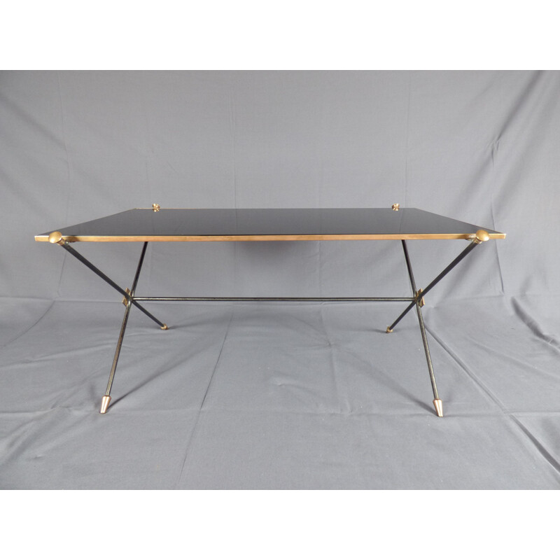 Vintage coffee table black opal glass and brass