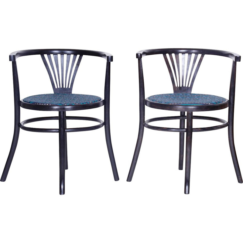 Set of 2 vintage chairs for Thonet Mundus in blue fabric and wood