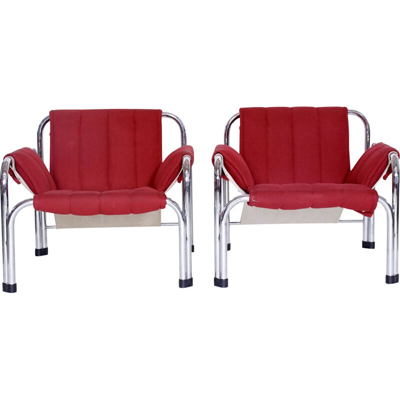 Paire de fauteuils vintage pour Kodreta Myjava en tissu rouge et métal 1980