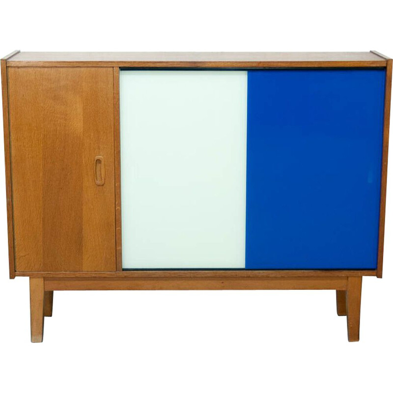 French vintage blue and white sideboard in oakwood 1960