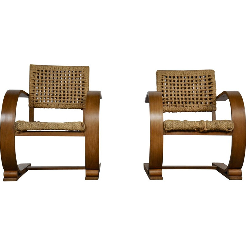 Pair of vintage french chairs by Vibo Vesoul in rope 1940