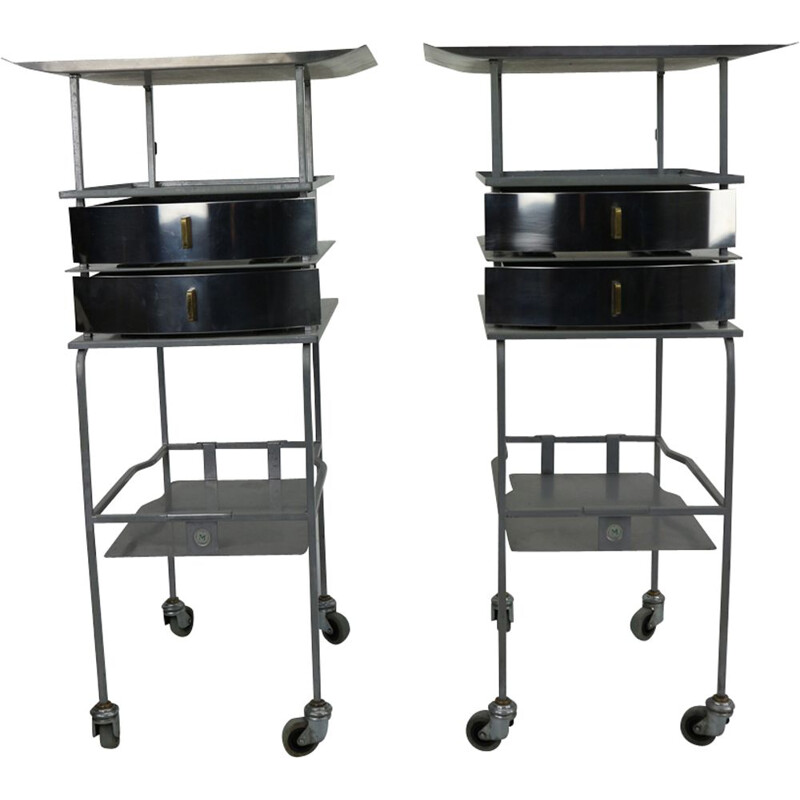 Vintage set of 2 Industrial trolleys stainless steel  side tables 1950s