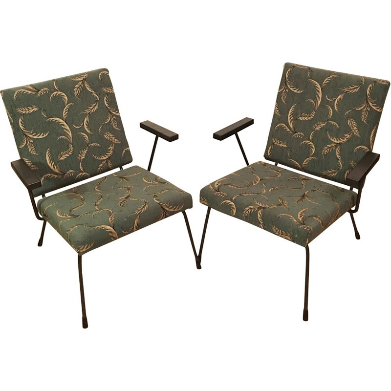 Pair of vintage 415 1401 armchairs for Gispan in steel and green fabric 1950