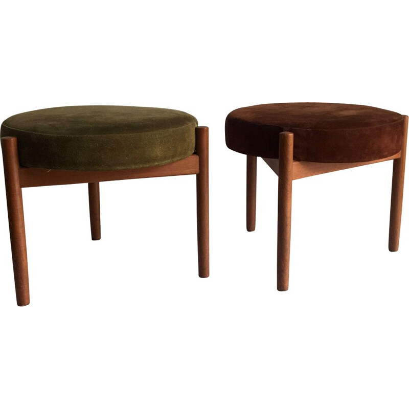 Pair of vintage stools for Spottrup in teak and green and brown suede