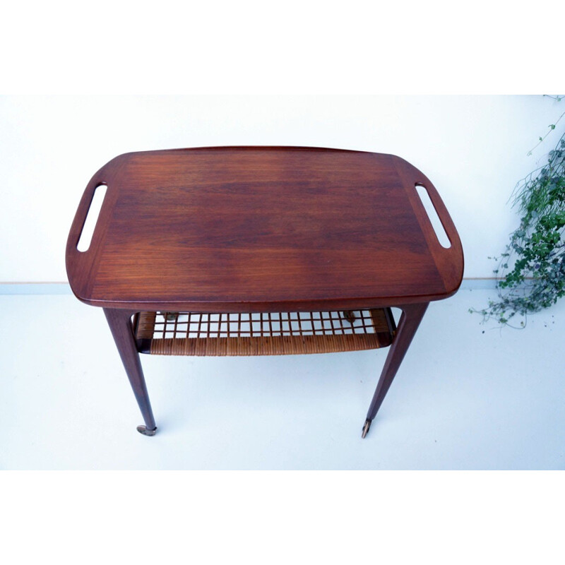 Serving table in teak, brass and cane, Johannes ANDERSEN - 1960s 