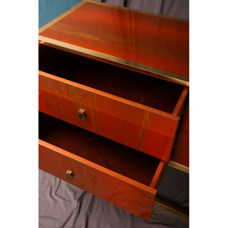 Vintage chest of drawers in burr wood, brass and mahogany for Jansen, 1970