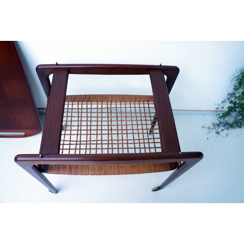 Serving table in teak, brass and cane, Johannes ANDERSEN - 1960s 