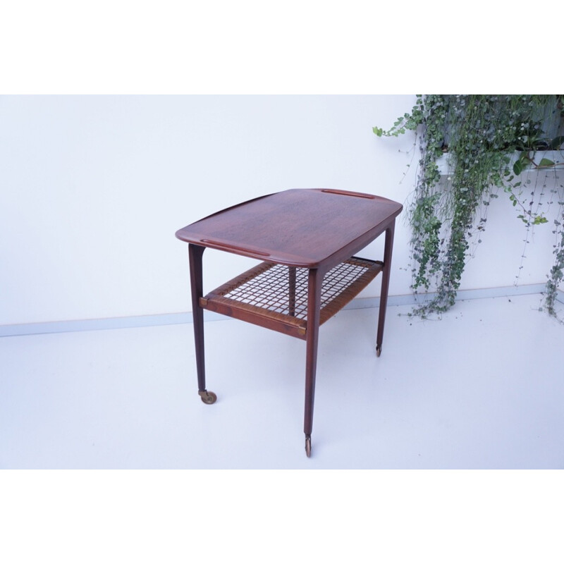 Serving table in teak, brass and cane, Johannes ANDERSEN - 1960s 