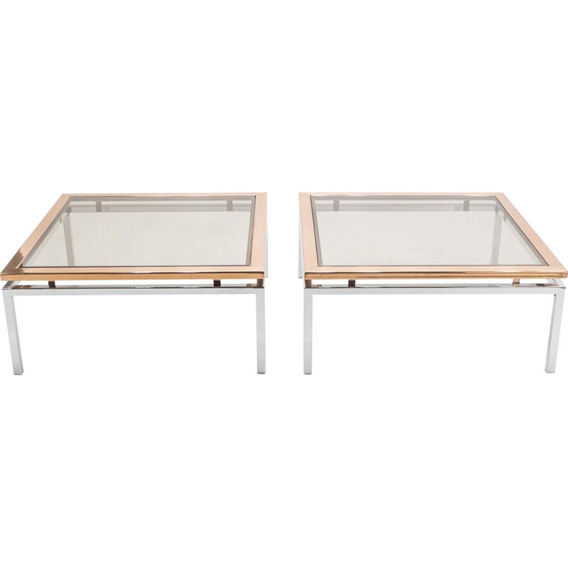 Pair of vintage coffee tables for Maison Jansen in chrome and copper 1970