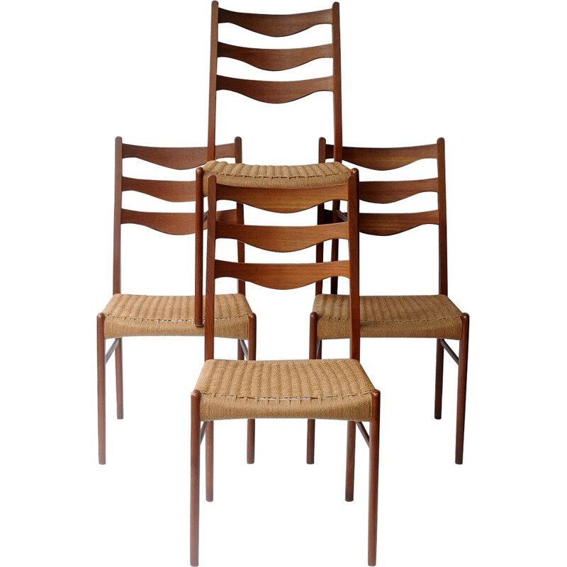 Set of 4 vintage scandinavian chairs for Glyngore Stole in teak and rope