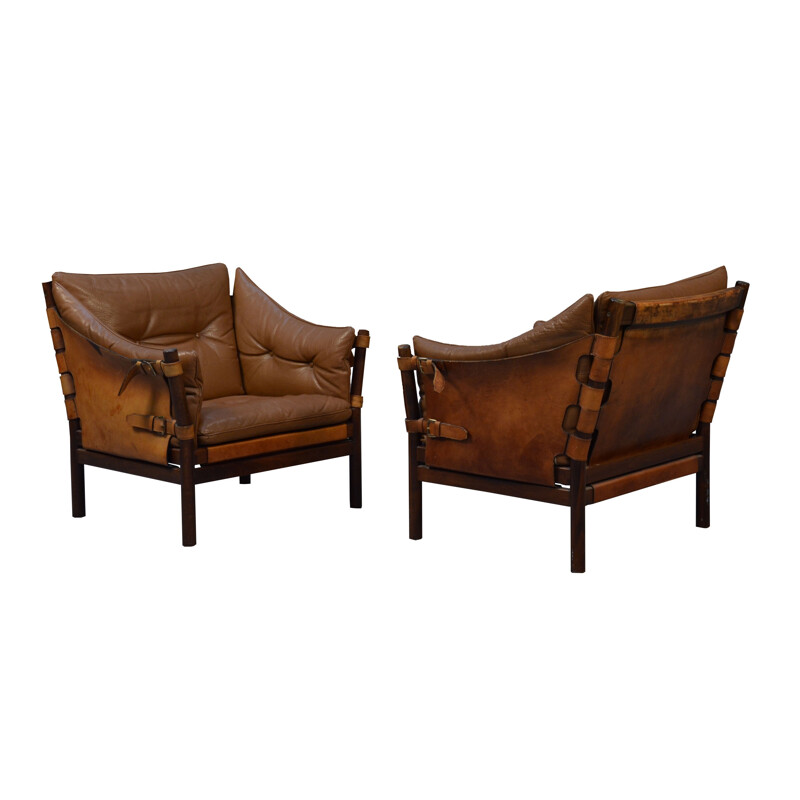 Brown leather and beechwood armchair, Arne NORELL - 1960s