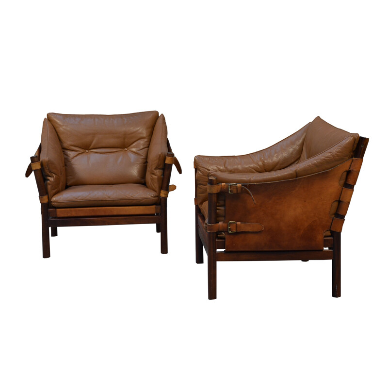 Brown leather and beechwood armchair, Arne NORELL - 1960s