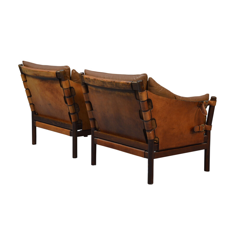 Brown leather and beechwood armchair, Arne NORELL - 1960s
