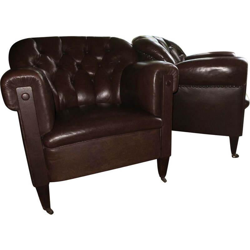 Vintage button-back club chairs in dark brown leather