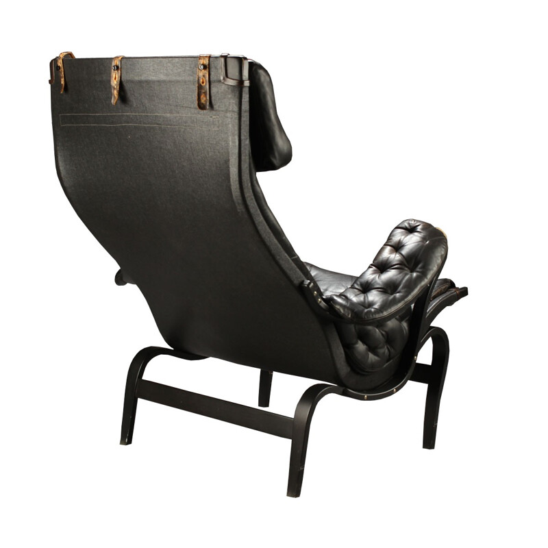 Pernilla leather and beech lounge chair with ottoman, Bruno MATHSSON - 1970s