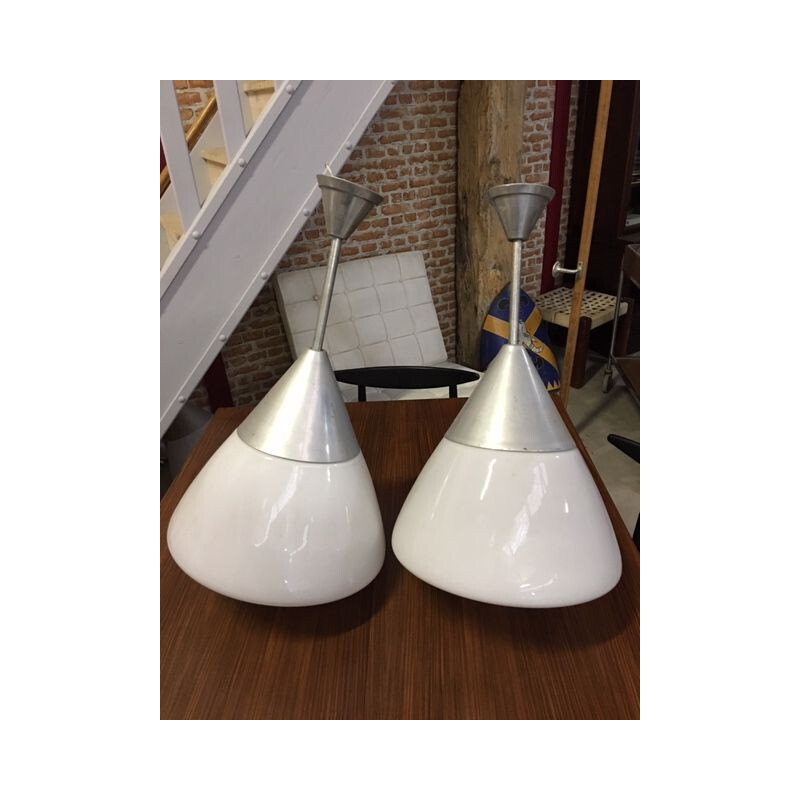 Set of 2 vintage hanging lamp in opaline and aluminium