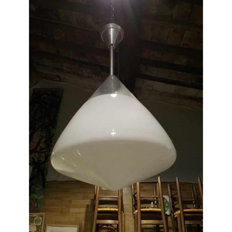 Set of 2 vintage hanging lamp in opaline and aluminium