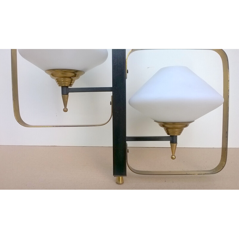 Brass, metal and opaline glass pendant lamp - 1950s