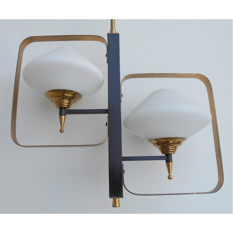 Brass, metal and opaline glass pendant lamp - 1950s