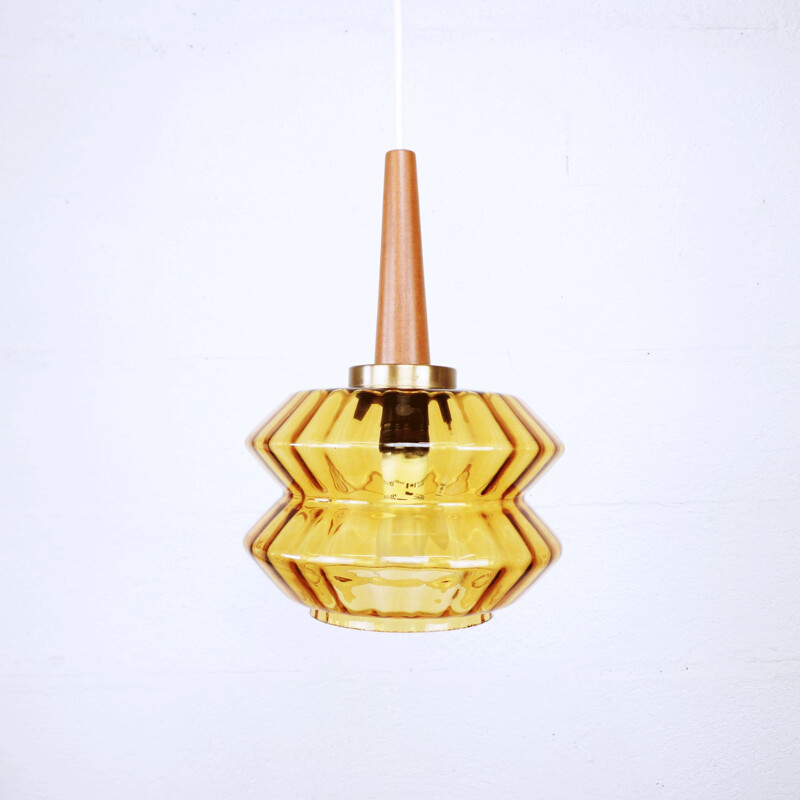 Vintage yellow glass and teak hanging lamp