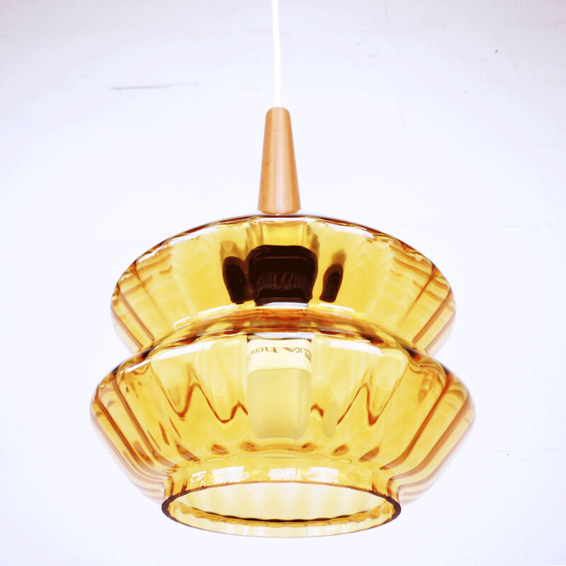 Vintage yellow glass and teak hanging lamp