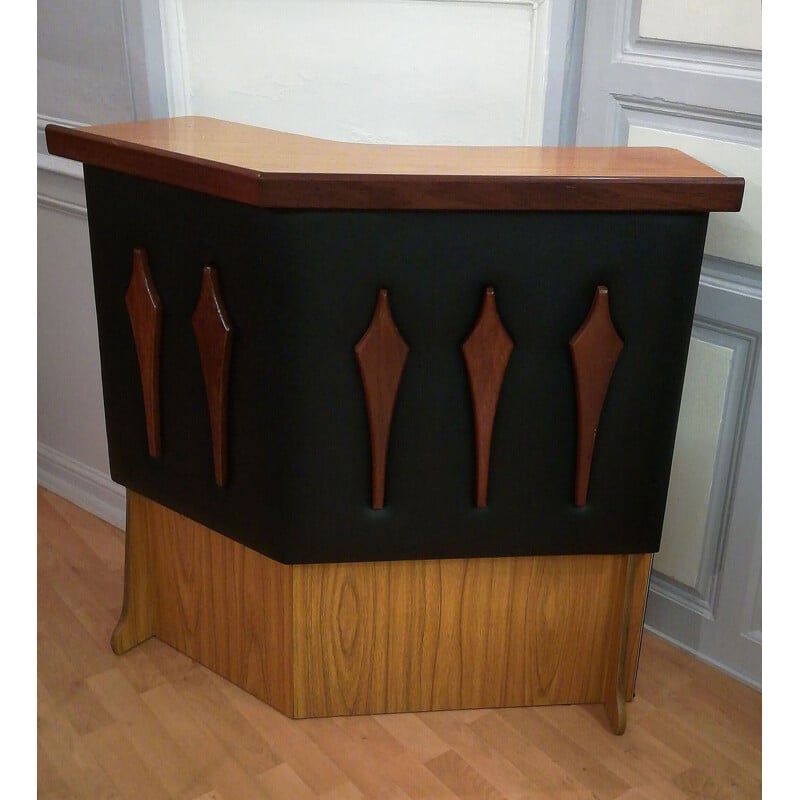 Vintage bar in formica wood and faux black leather