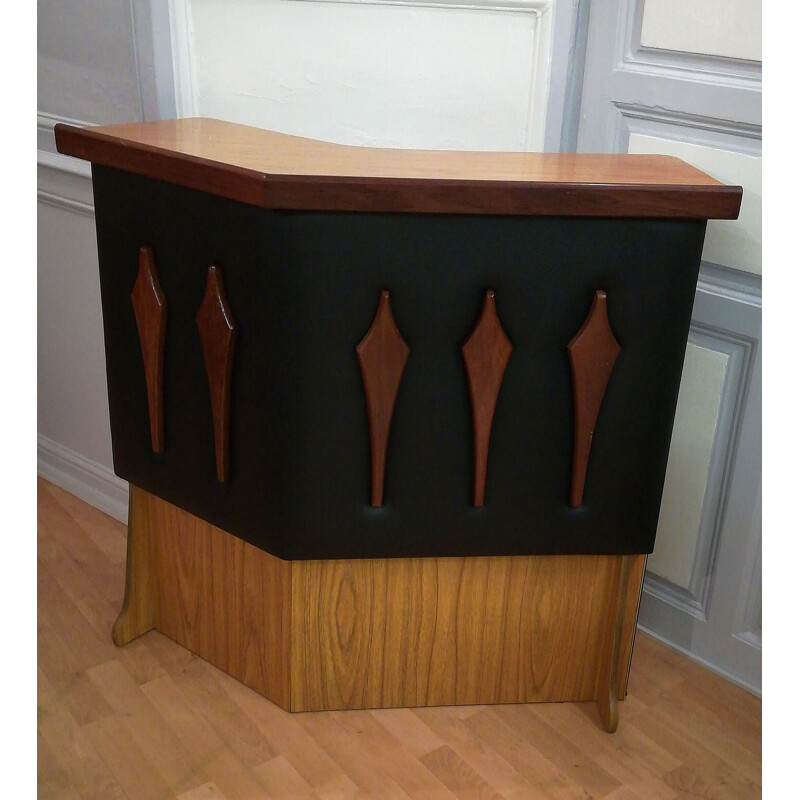 Vintage bar in formica wood and faux black leather