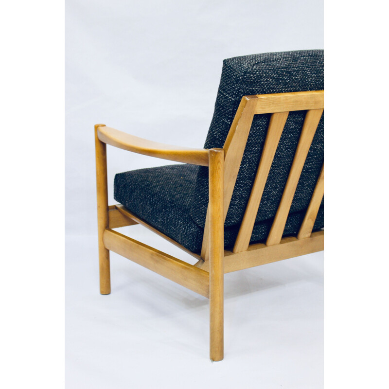 Fauteuil vintage scandinave bleu en bois 1950 1960